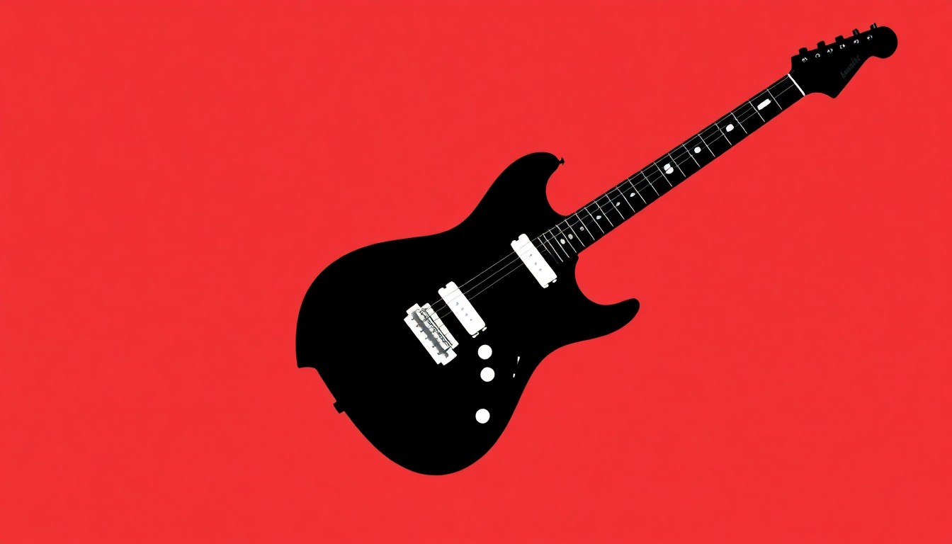 A striking black silhouette of an electric guitar set against a bold red and white background, conveying the classic rock energy and mythical inspiration behind Noble Hops' new single.
