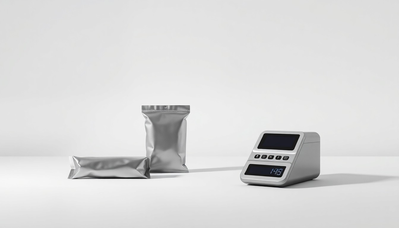 A photorealistic studio still life featuring a group of metallic stick pack containers and a precision digital counting device, symbolizing the technology advancements enabling more efficient and consistent packaging for consumer goods manufacturers.