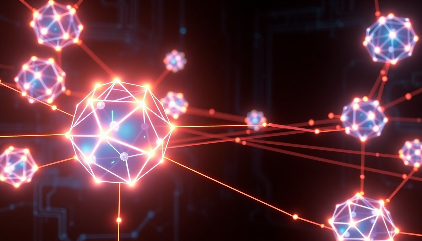 A highly detailed, glowing 3D illustration of an interconnected network of pulsing, neon-lit geometric AI agents, symbolizing the distributed, adaptive nature of multi-agent AI systems.
