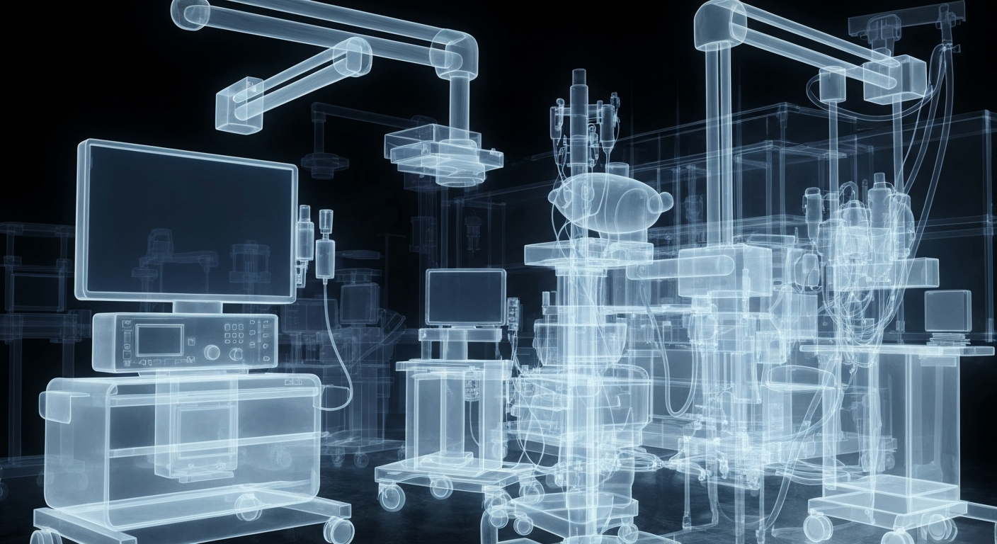 A translucent X-ray image showing the internal structure of medical equipment and hospital infrastructure, conceptually representing the financial vulnerabilities of safety-net hospitals dependent on Medicaid funding.