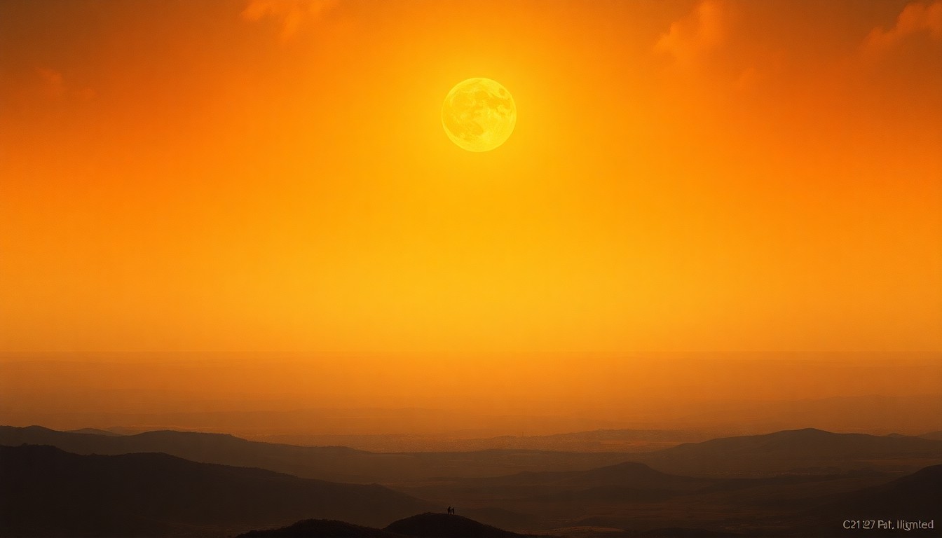 A sweeping, atmospheric landscape painting in muted earth tones, with a distant town or city silhouetted against a hazy, scorching horizon under a blazing sun, conveying the overwhelming scale and power of the natural environment.