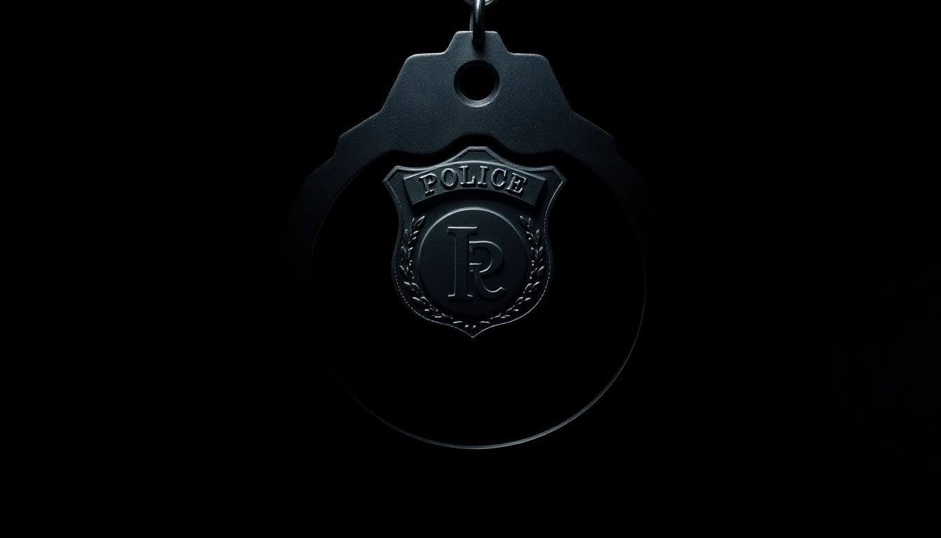 An extreme close-up photograph of a police badge or handcuff against a pitch-black background, lit by a harsh, direct camera flash, creating a stark, gritty, investigative aesthetic that conceptually represents the tragic loss of a law enforcement officer.