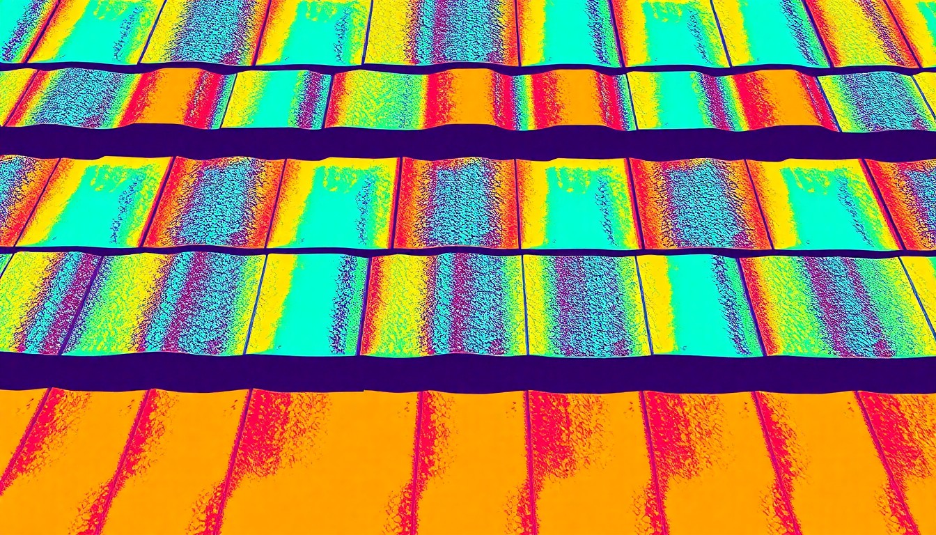 A highly stylized, abstract grid of brightly colored roofing shingles in neon pink, yellow, and blue, conceptually representing the importance of seasonal roof inspections and repairs.