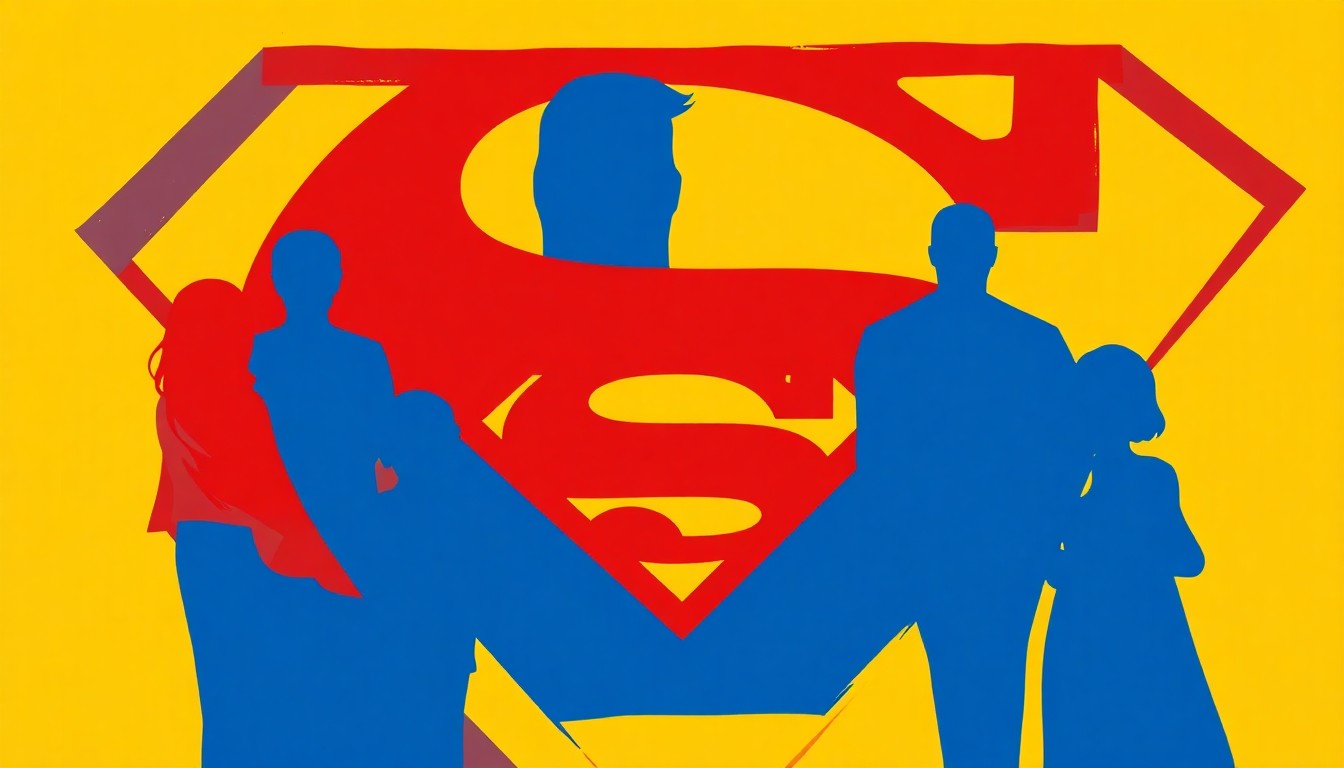 An abstract, minimalist illustration featuring jagged, geometric shapes in shades of blue, red, and yellow, conceptually representing the iconic Superman 'S' symbol and the Super Family.