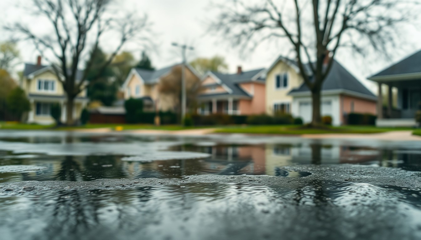 A blurred, atmospheric photograph showing the soft, muted colors of a residential neighborhood on a rainy day, with pools of water reflecting the surrounding houses and trees, conveying the everyday challenges of maintaining a home.