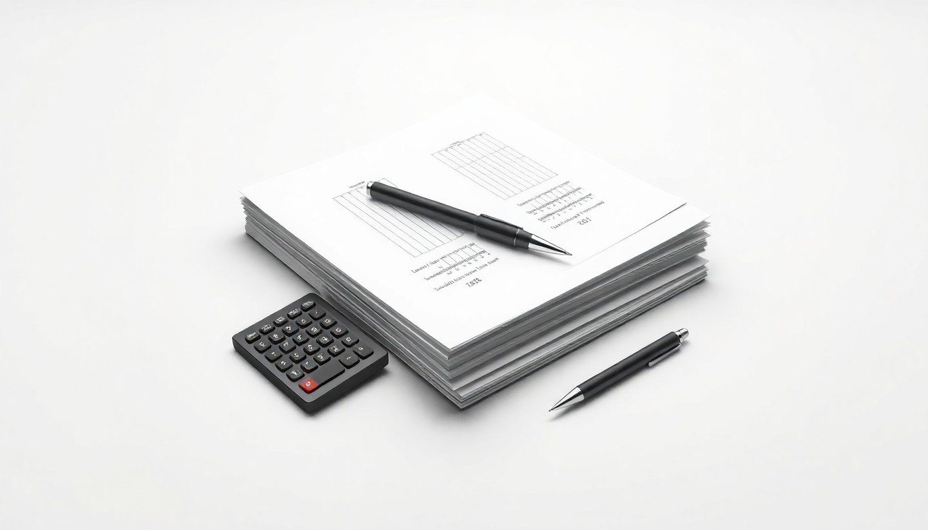 A minimalist studio still life featuring a stack of financial documents, a calculator, and a pen, conceptually representing the abstract concepts of corporate strategy, finance, and tax planning.