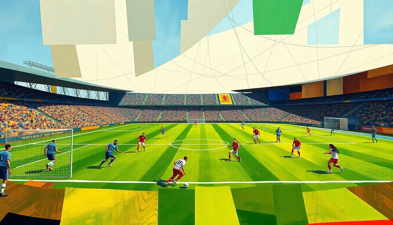 A cubist, geometric painting depicting the fragmented movements and energy of a football game, with players and the field broken down into abstract shapes and planes of color.