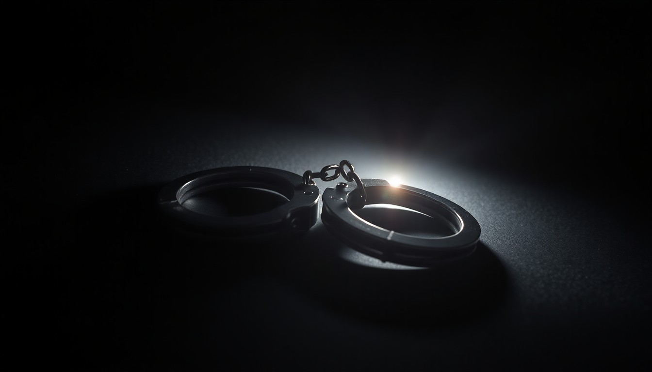 An extreme close-up photograph of a pair of handcuffs lying on a dark surface, lit by a harsh, direct camera flash, conceptually representing the investigation and apprehension of the kidnapping suspect.