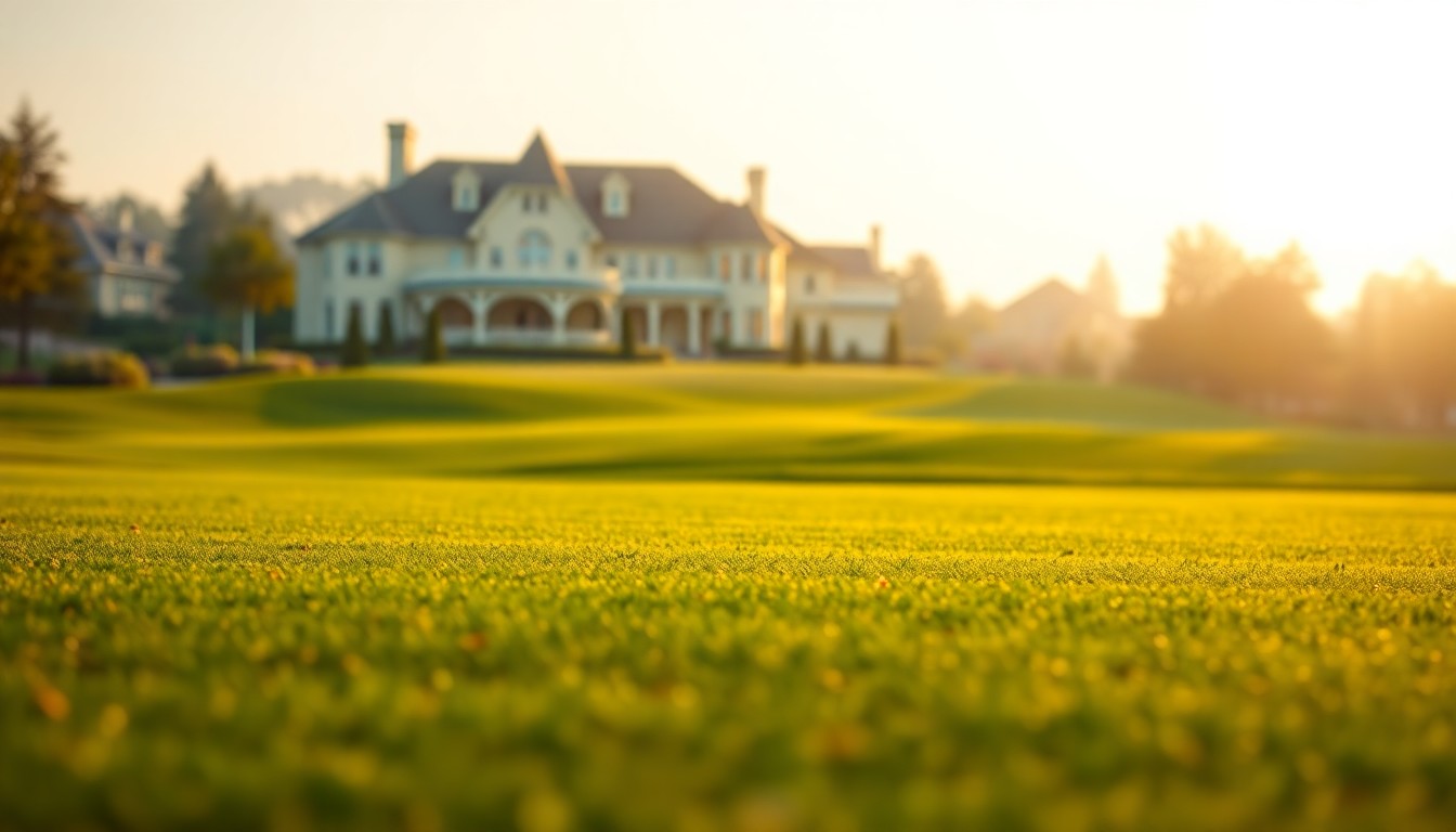 An extremely abstracted, out-of-focus photograph of a golf course fairway and a glimpse of a luxury home in the background, composed entirely of soft, warm pools of light and color.