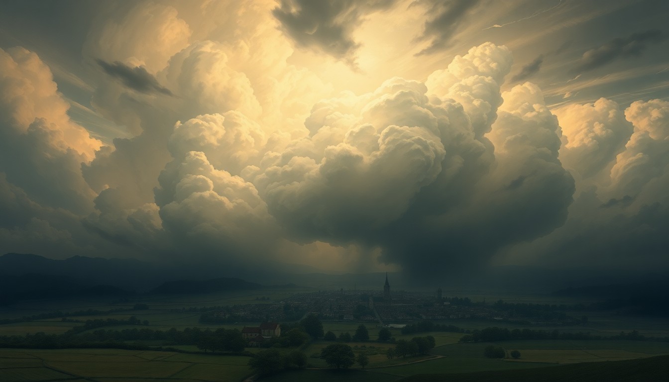 A vast, atmospheric landscape painting depicting a rural town dwarfed by an ominous, swirling storm system. The damaged buildings of the town are barely visible in the foreground, overwhelmed by the dramatic, sublime scale of the natural forces at play.