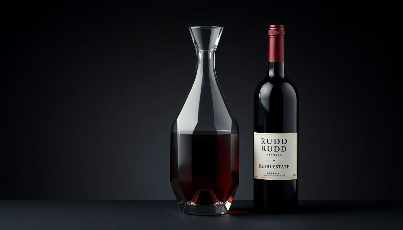 A minimalist, photorealistic studio still life featuring a polished glass decanter and wine bottle in muted burgundy, charcoal, and slate grey tones, symbolizing the premium quality and craftsmanship of the Rudd Estate wines.