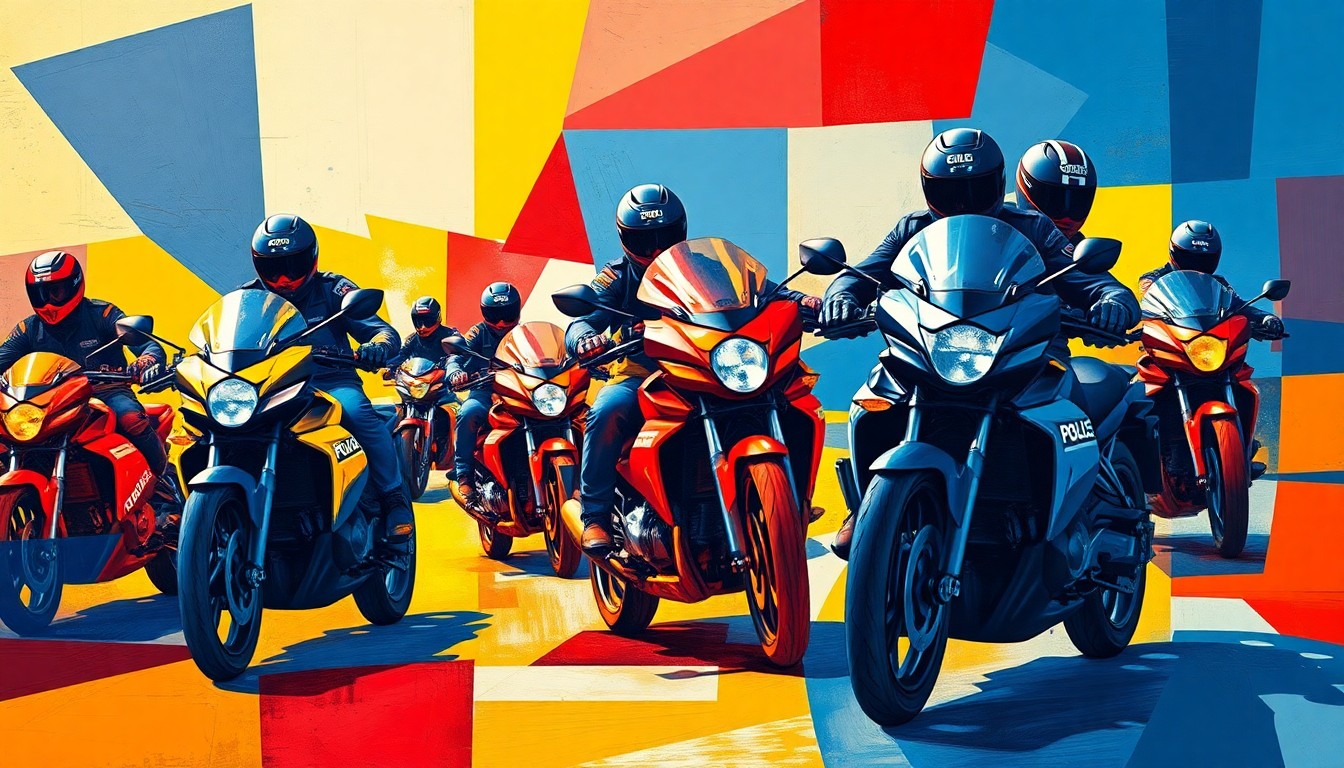 A cubist, geometric painting depicting the chaotic motion and competition of a police motorcycle rodeo, with sharp overlapping planes of navy, red, and yellow hues.
