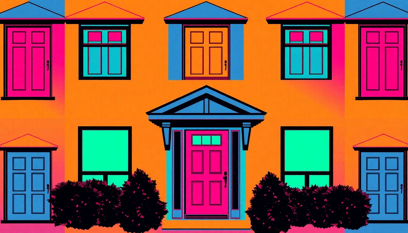A brightly colored, high-contrast silkscreen print of a single, iconic home exterior object such as a front door or window, repeated in a tight grid pattern in vibrant neon colors with heavy black outlines, capturing the essence of the renovated Silver Spring property in a modern pop art style.