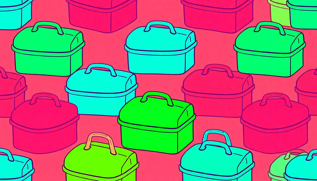 A brightly colored, high-contrast silkscreen print of an insulated meal delivery bag repeated in a tight grid pattern, conceptually representing the dedication of volunteer drivers who are willing to pay more at the pump to support their community.