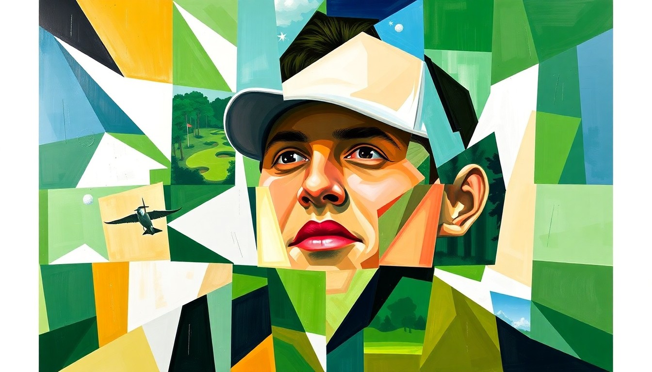 A fractured, cubist-style painting depicting Rory McIlroy's second consecutive Masters victory, with sharp geometric shapes and planes in vibrant greens, whites, and blues representing the Augusta National course.
