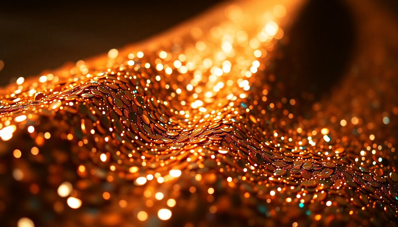 An extreme close-up photograph of shimmering sequins in dramatic, high-contrast studio lighting, capturing the glamour and luxury of the fashion industry.