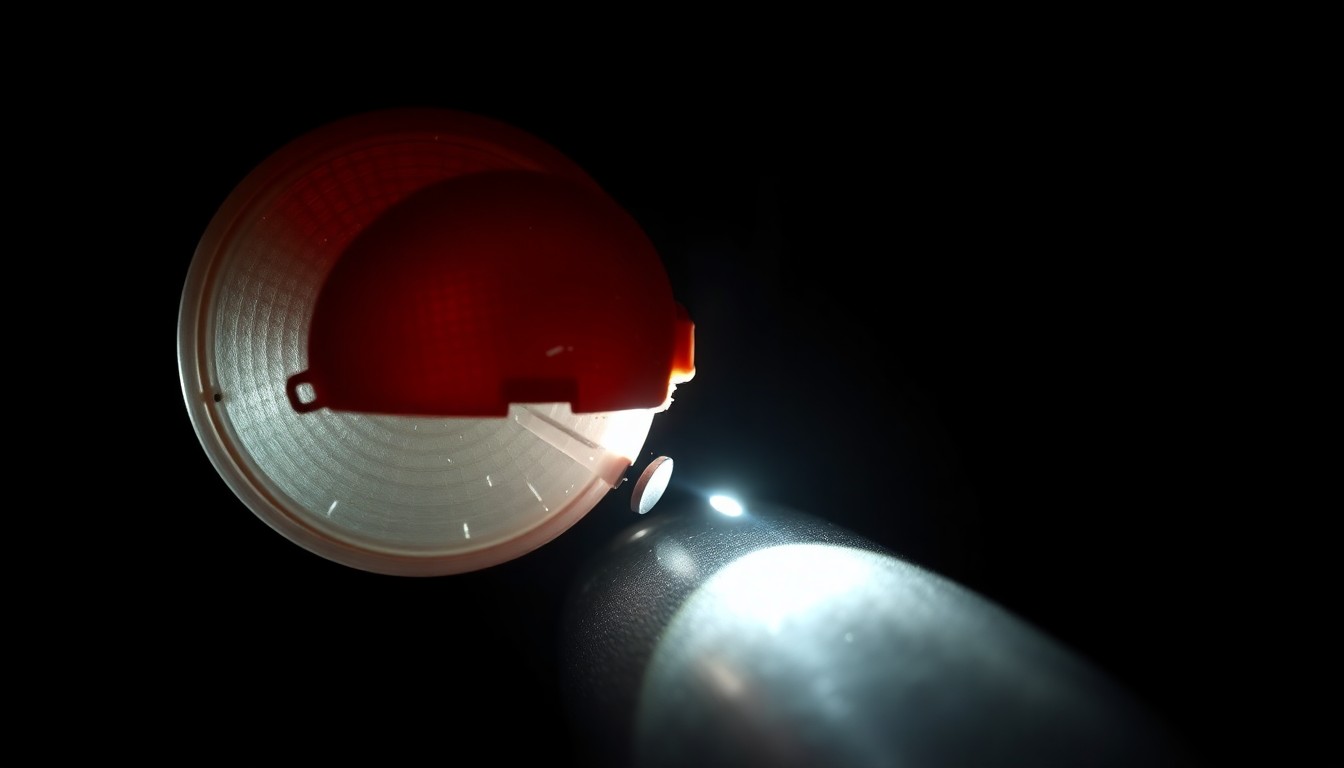 An extreme close-up photograph of a damaged bicycle reflector, conceptually illustrating the physical evidence from the crash site.