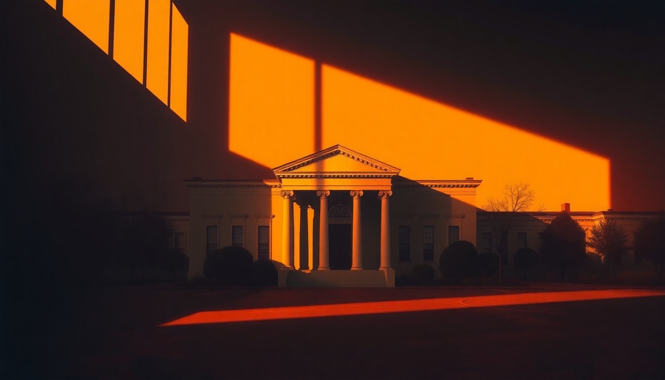 A dimly lit, cinematic painting of a government office or political building, with warm sunlight streaming through the windows and deep shadows cast across the scene, conveying a sense of quiet contemplation and the complexities of national security policy.