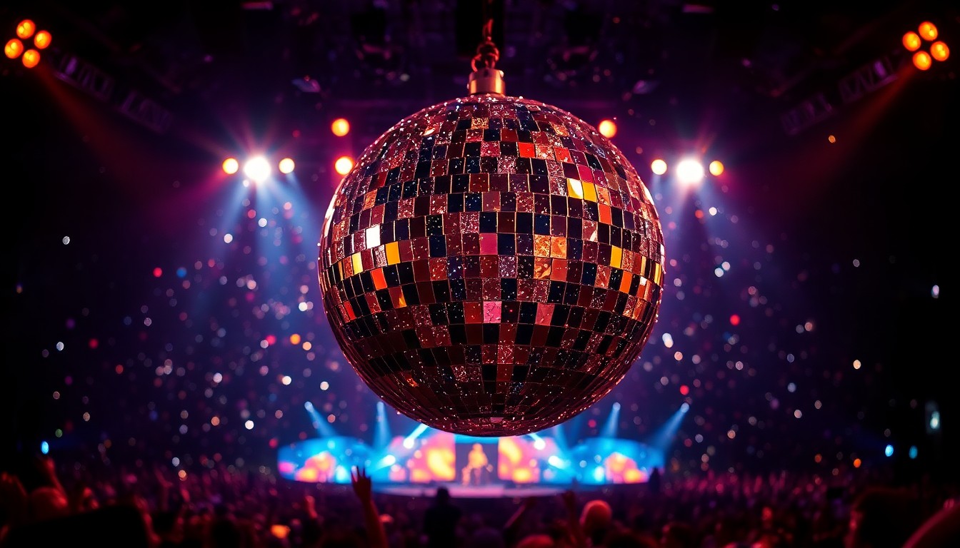 An extreme close-up photograph of glittering, shattered disco ball pieces reflecting colorful stage lights, creating a dramatic, high-contrast visual texture that conceptually captures the glamour and spectacle of a major music festival performance.