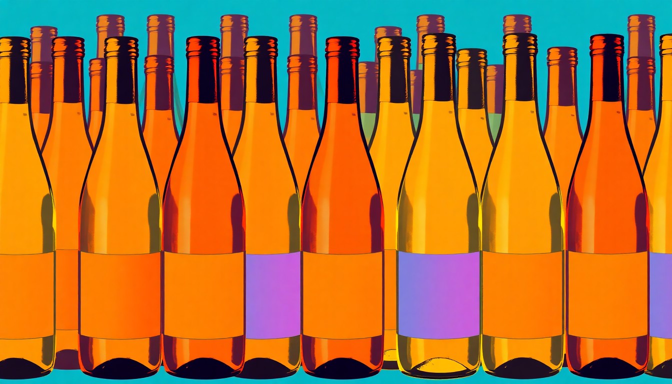 A vibrant, high-contrast silkscreen print of a single wine bottle repeated in a grid pattern, using a bold neon color palette and heavy black outlines to capture the essence of the natural wine movement in a modern pop art style.
