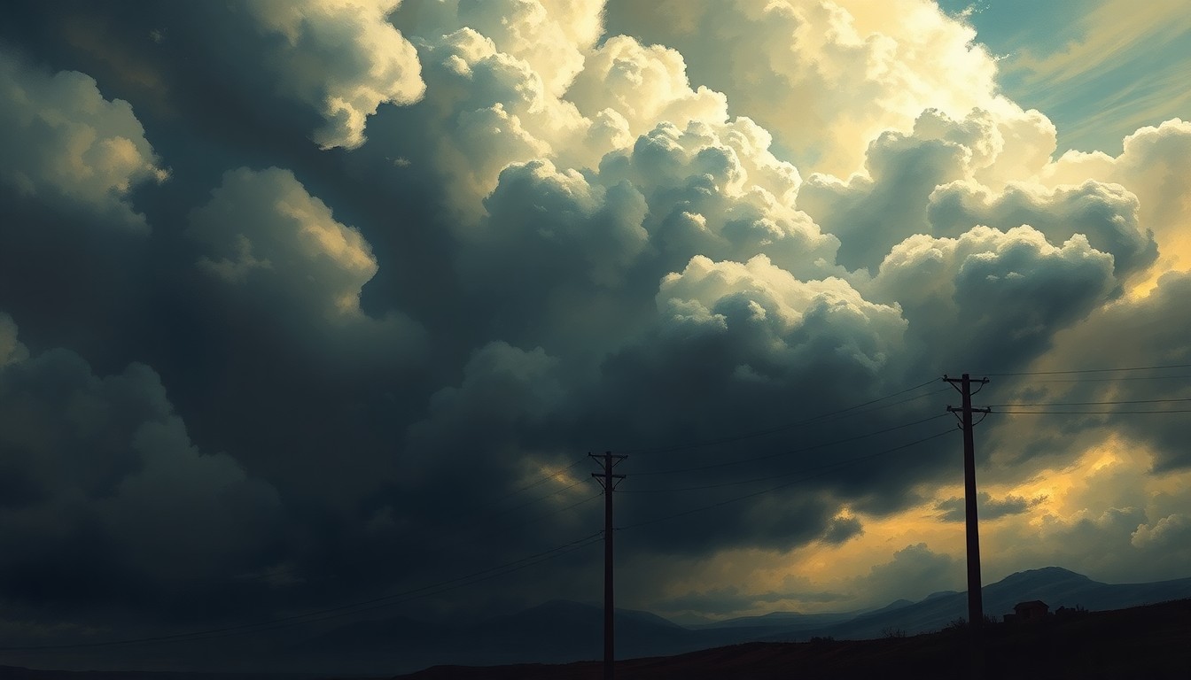 A sweeping, atmospheric landscape painting depicting a dramatic, stormy sky with heavy clouds and a silhouetted utility pole in the foreground, conveying the overwhelming power of nature over the built environment.