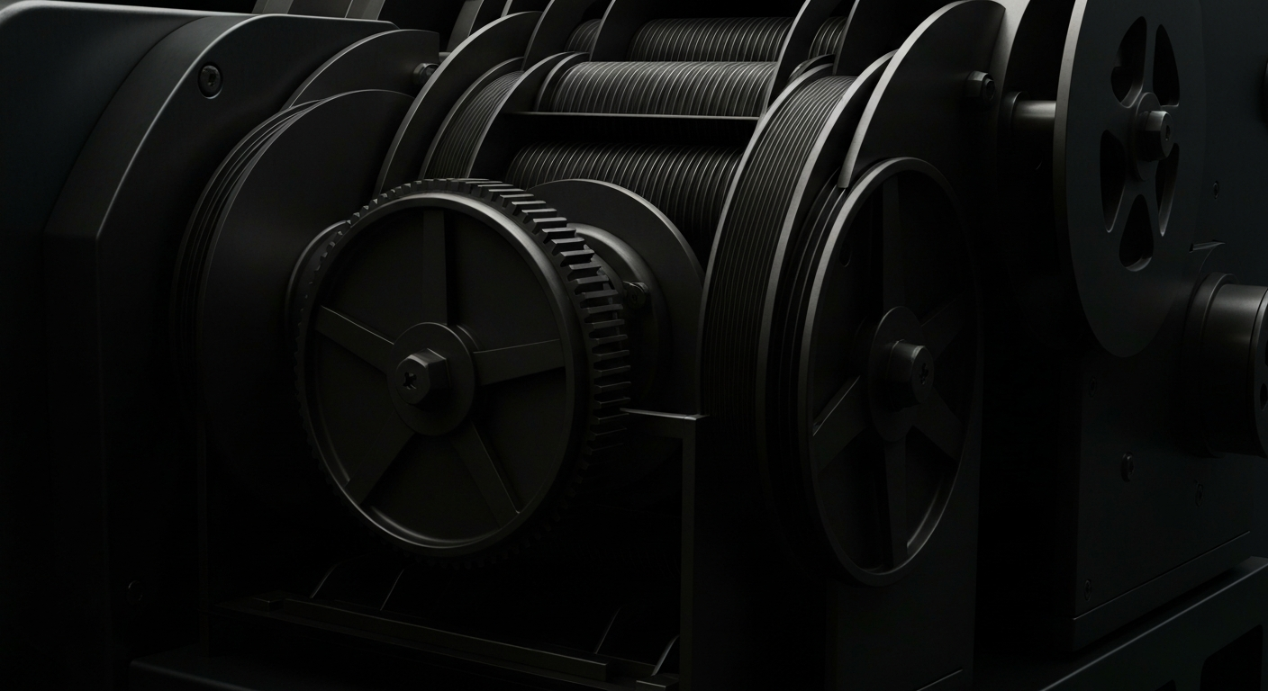 An extreme close-up of the intricate mechanical components of a large, industrial-scale cash counting machine, conveying the complex financial infrastructure that underpins Tanger's dividend policy and capital allocation decisions.