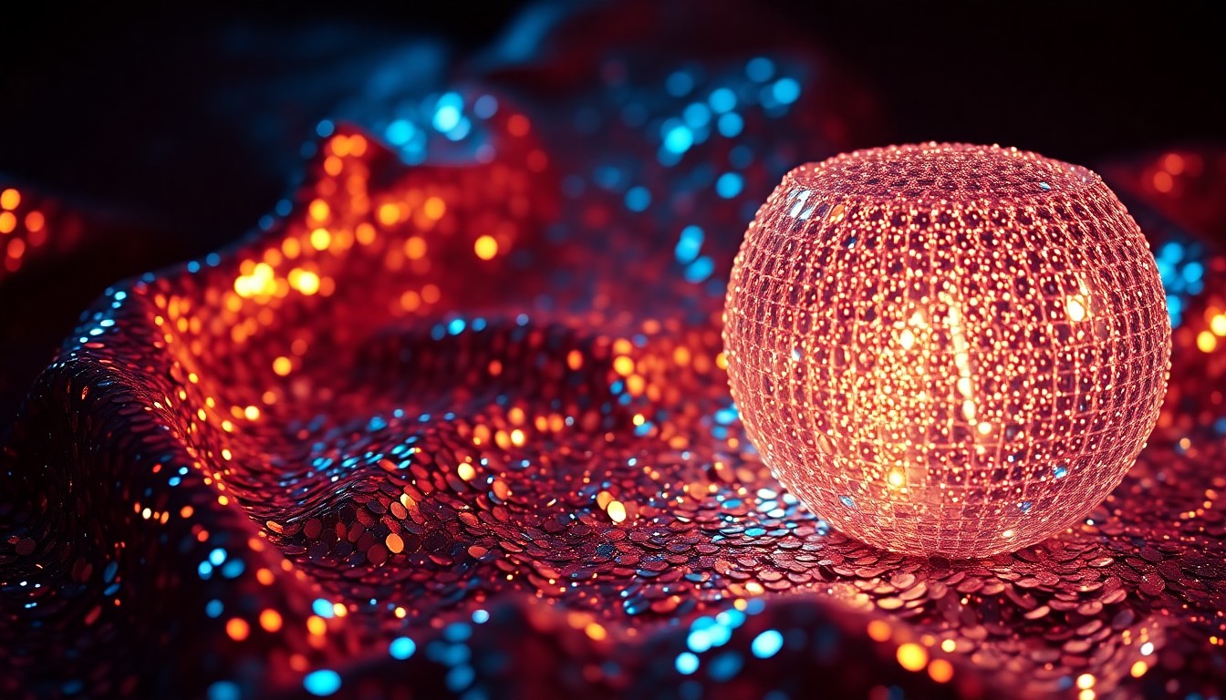 An extreme close-up of shimmering, glittering textures in high-contrast studio lighting, conceptually representing the glamorous, high-fashion aesthetic of Laufey's new music video.