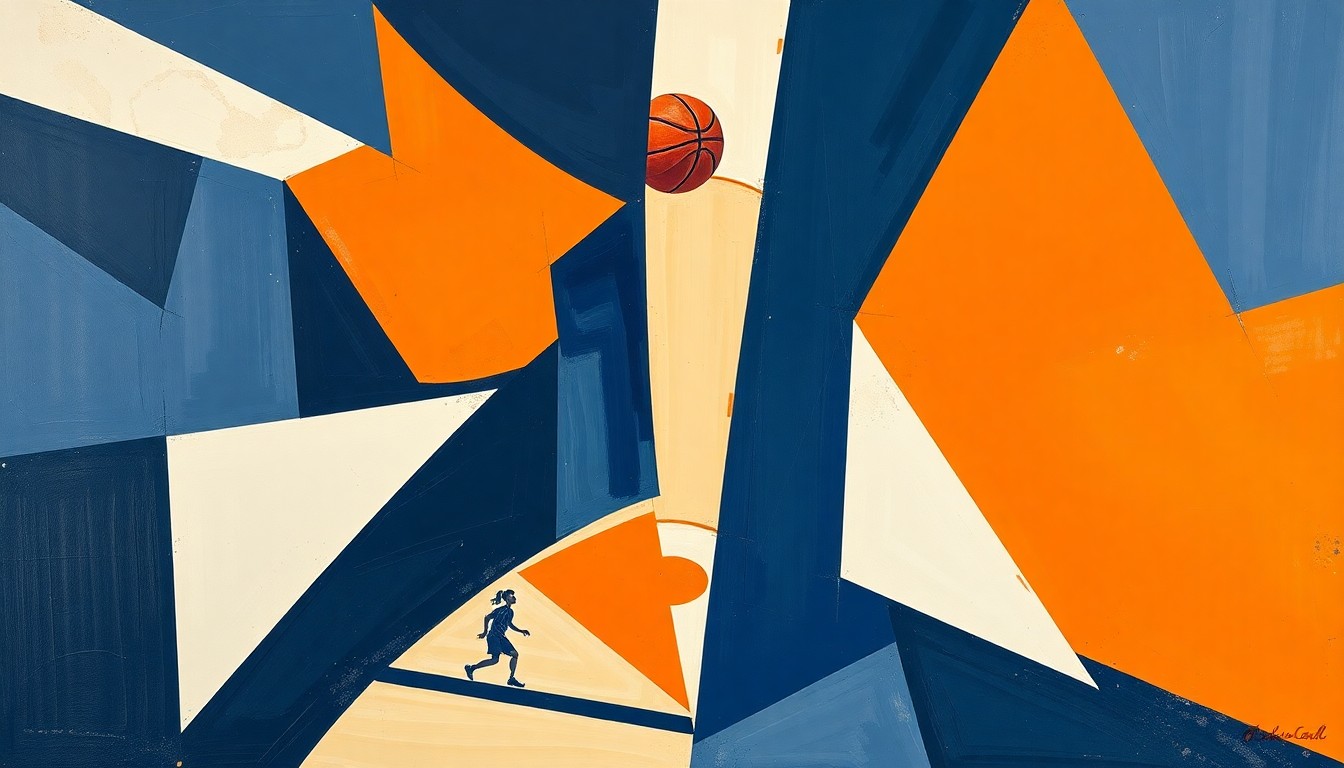 A fragmented, cubist-inspired painting depicting the dynamic motion and energy of a women's basketball game, with sharp geometric shapes in navy, orange, and white overlapping to create a sense of movement and intensity.