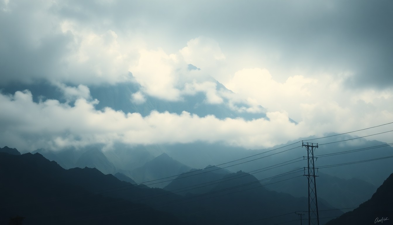 A vast, atmospheric landscape painting depicting the Koolau mountains shrouded in heavy fog, with power lines and utility poles cutting across the foreground, conveying the overwhelming scale of the natural environment and the fragility of the electrical infrastructure.