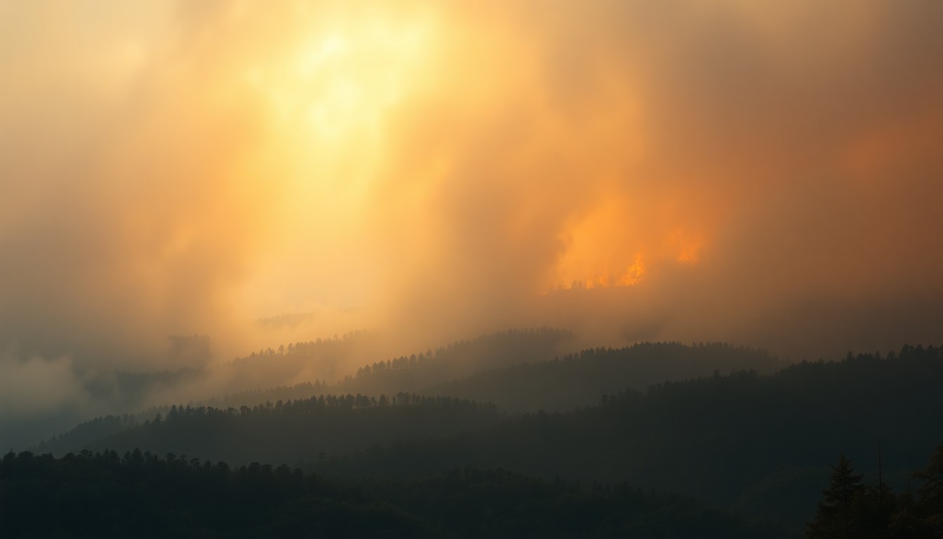 A sweeping, atmospheric landscape painting depicting a vast, smoke-filled forest with the faint glow of flames barely visible through the hazy, turbulent sky, conveying the overwhelming scale and power of the natural disaster.