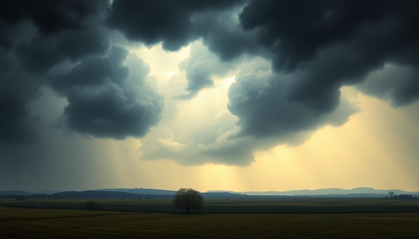 A vast, atmospheric landscape painting in muted earth tones, with dramatic clouds and rain sweeping across a rural Texas countryside, dwarfing any physical structures or vehicles caught within the scene.