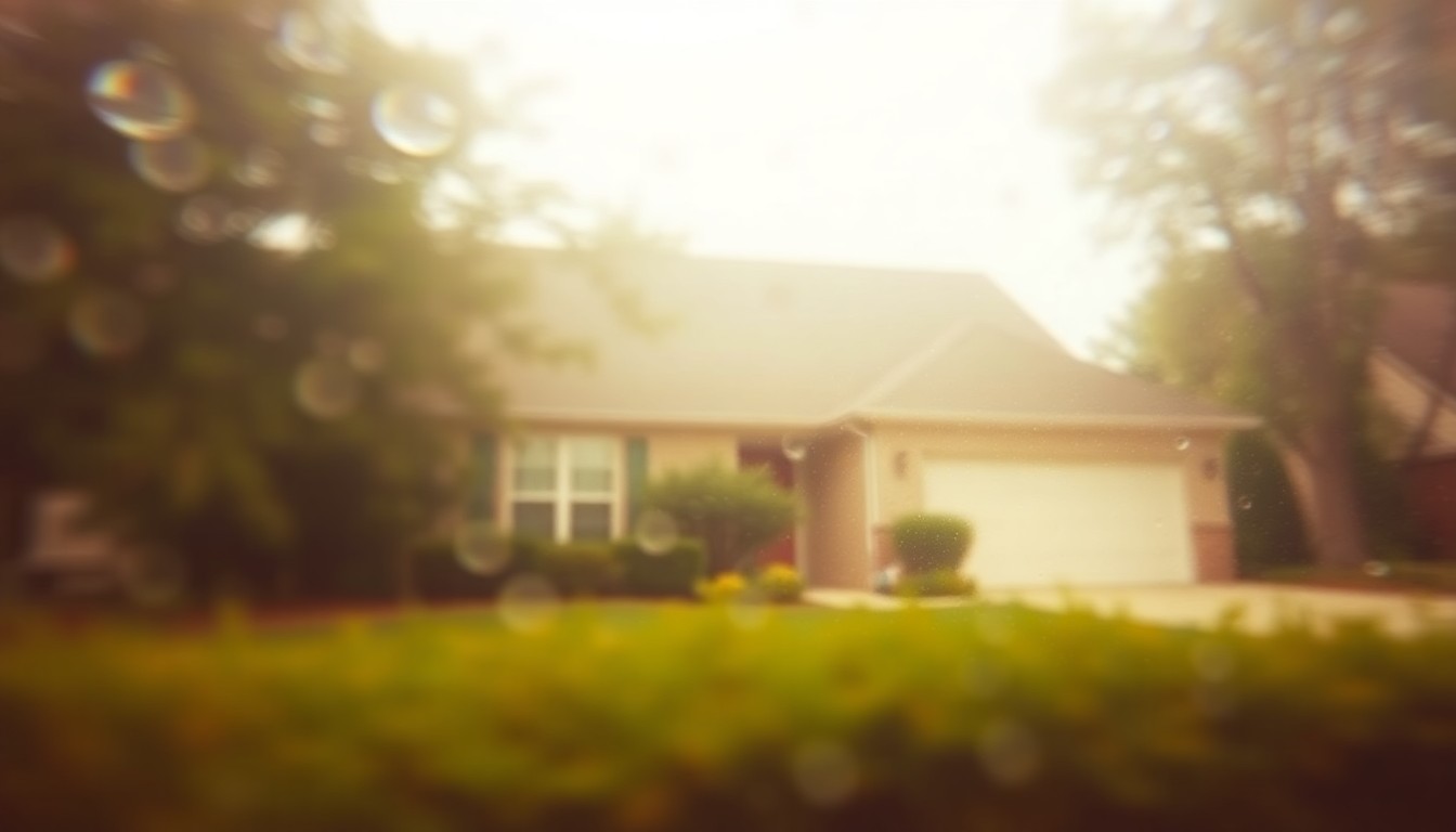 An abstract, impressionistic scene of a suburban home partially obscured by soft, blurred layers of warm color and light, conveying a sense of domestic comfort and tranquility.