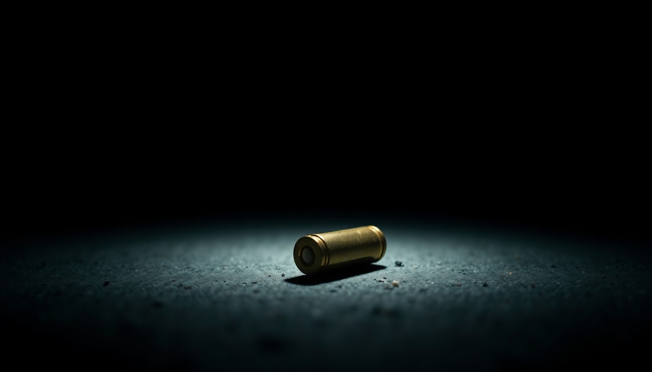 An extreme close-up photograph of a single spent bullet casing on the ground, its metallic surface reflecting the harsh, direct light of the camera flash against a pitch-black background, creating a stark, gritty, investigative aesthetic.