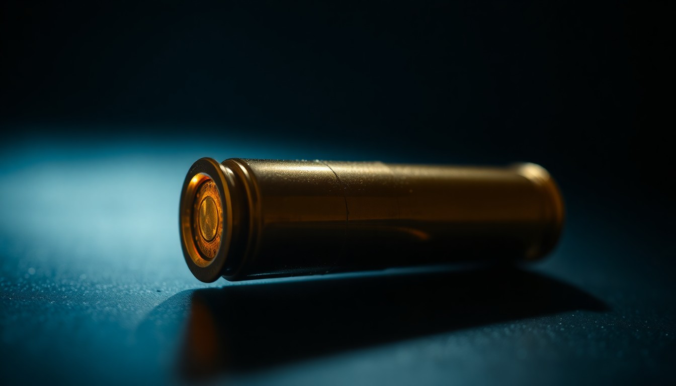 An extreme close-up photograph of a single bullet casing on a dark surface, lit by a harsh camera flash, conceptually representing the investigation into a violent crime.