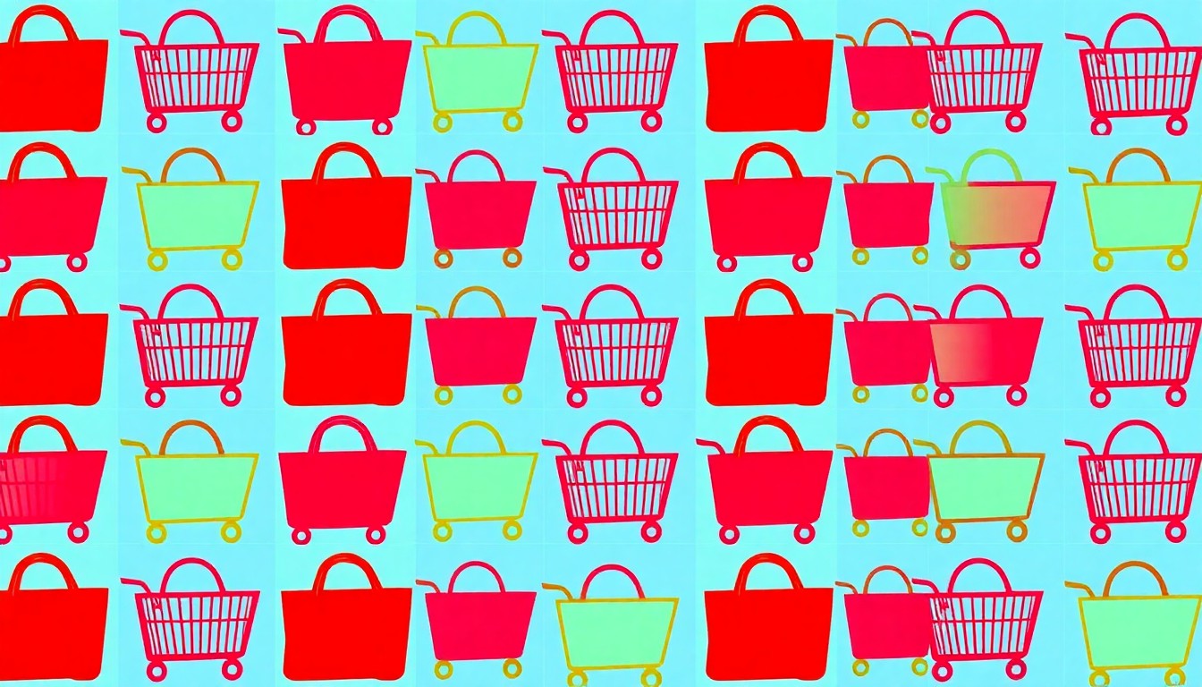 A grid of brightly colored, high-contrast silkscreen images of a shopping cart repeated in various neon shades, conceptually representing the financial impact of household shopping habits.