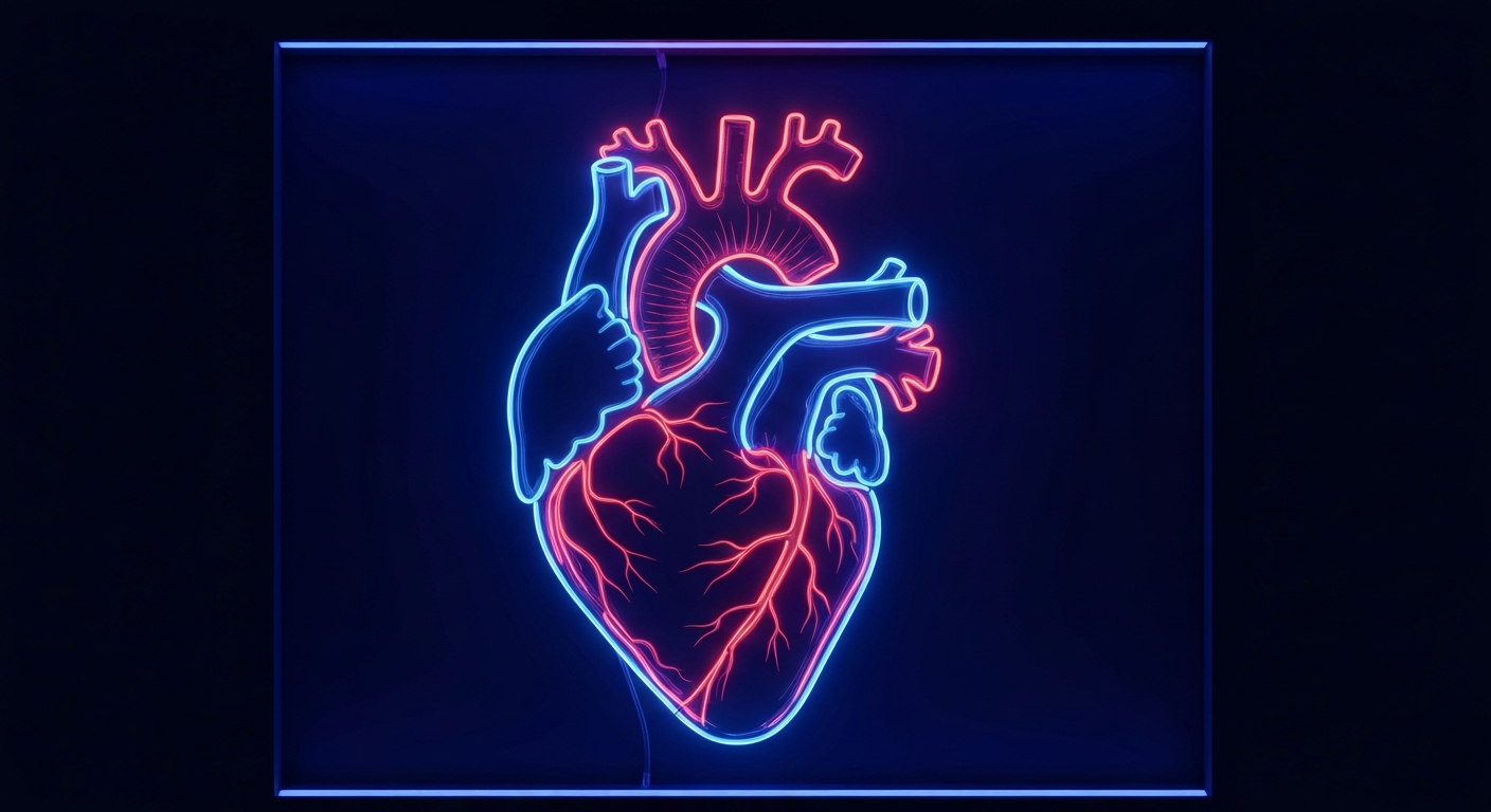 A glowing neon outline of a human heart pulsing with energy, conceptually representing the community's push to raise awareness and promote heart health in Chattanooga.