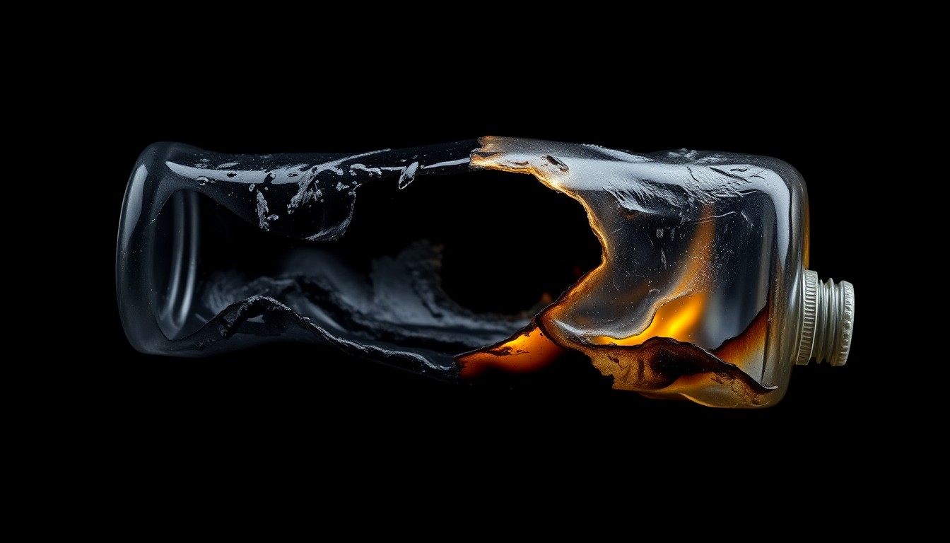 An extreme close-up photograph of a partially melted, charred, and distorted plastic bottle against a pitch-black background, conceptually representing the aftermath of an arson attack.