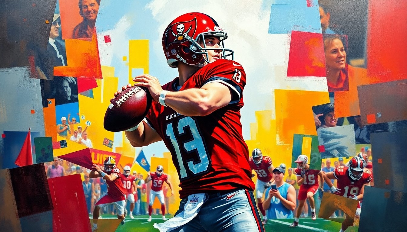 A cubist, geometric painting depicting a quarterback in the midst of a passing motion, with the player's body and the football broken down into sharp, overlapping planes of color representing the Buccaneers' team colors.