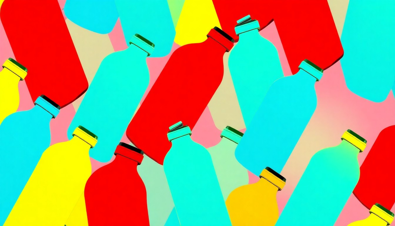 A bold, colorful silkscreen print depicting a reusable water bottle repeated in a grid pattern, representing the festival's focus on eco-friendly lifestyle choices.