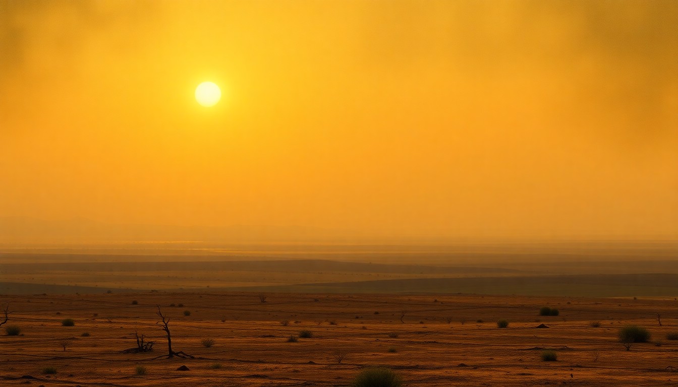 A sweeping, atmospheric landscape painting in muted earth tones, with a hazy, sun-drenched horizon dominating the frame and dwarfing any visible structures or objects.