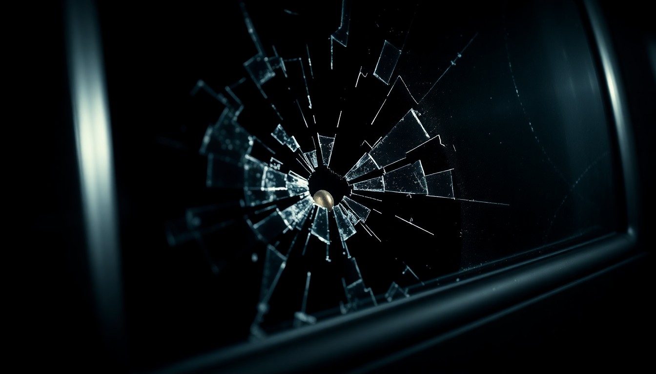 An extreme close-up photograph of a shattered car window or bullet casing, capturing the stark, gritty aftermath of a school shooting incident without depicting any violence or victims.