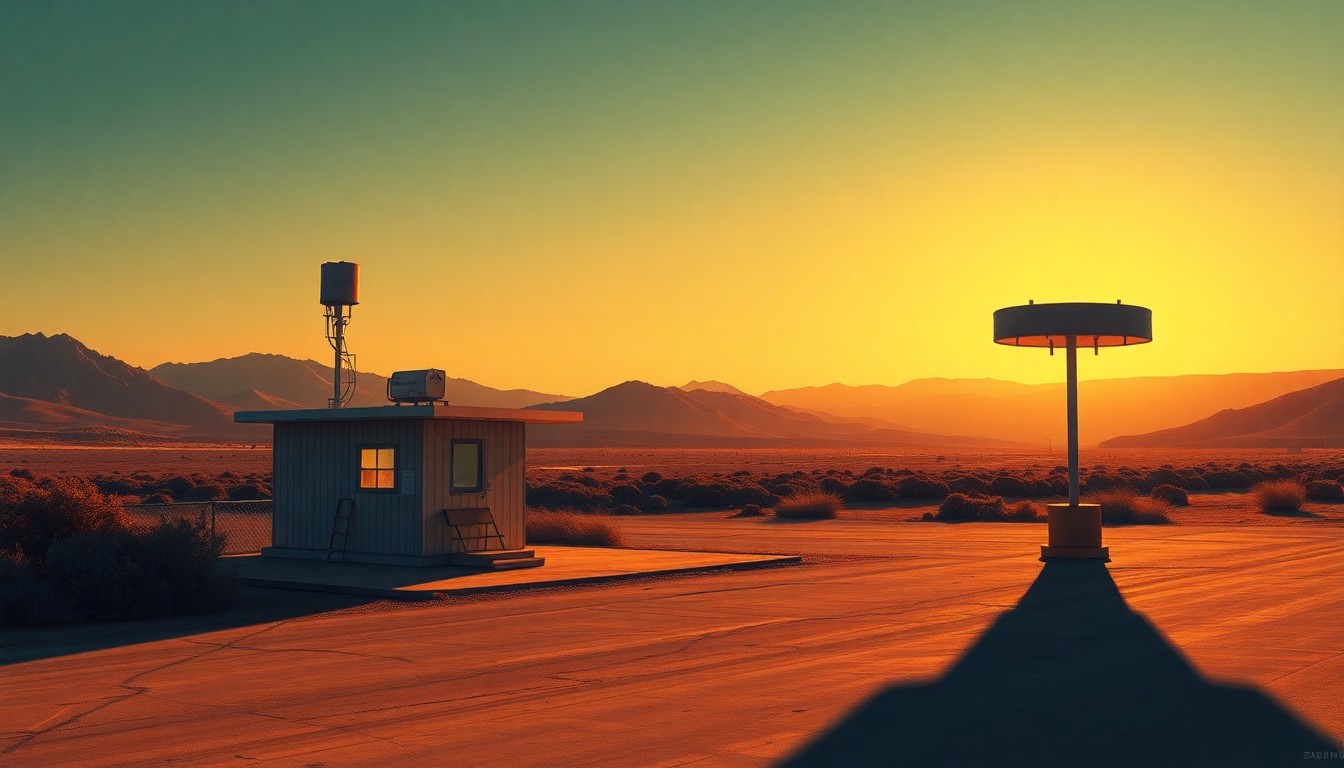 A serene, photorealistic painting of a solitary gas monitoring station in a rural, sun-dappled landscape, conveying a sense of quiet contemplation about the environmental challenges facing the region.