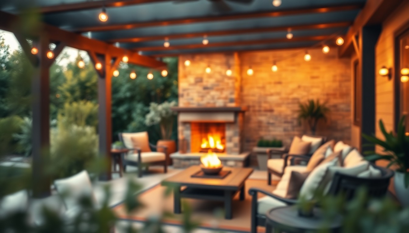A softly focused, impressionistic photograph depicting a cozy outdoor living space with a fireplace, comfortable seating, and lush greenery in the background, conveying a sense of warmth, privacy, and tranquility.