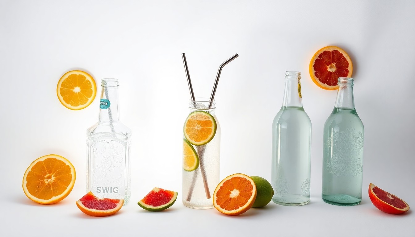 A high-end, photorealistic studio still-life photograph featuring a collection of premium glass bottles, metal straws, and colorful fruit slices arranged elegantly on a clean, white background, conceptually representing the customizable, artisanal nature of Swig's specialty 'dirty sodas'.