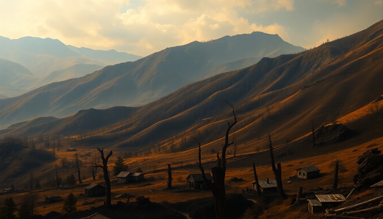 A vast, atmospheric landscape painting depicting the charred remains of homes and structures dwarfed by a sweeping, melancholic vista of a wildfire-scarred hillside, conveying the overwhelming scale and impact of the disaster.