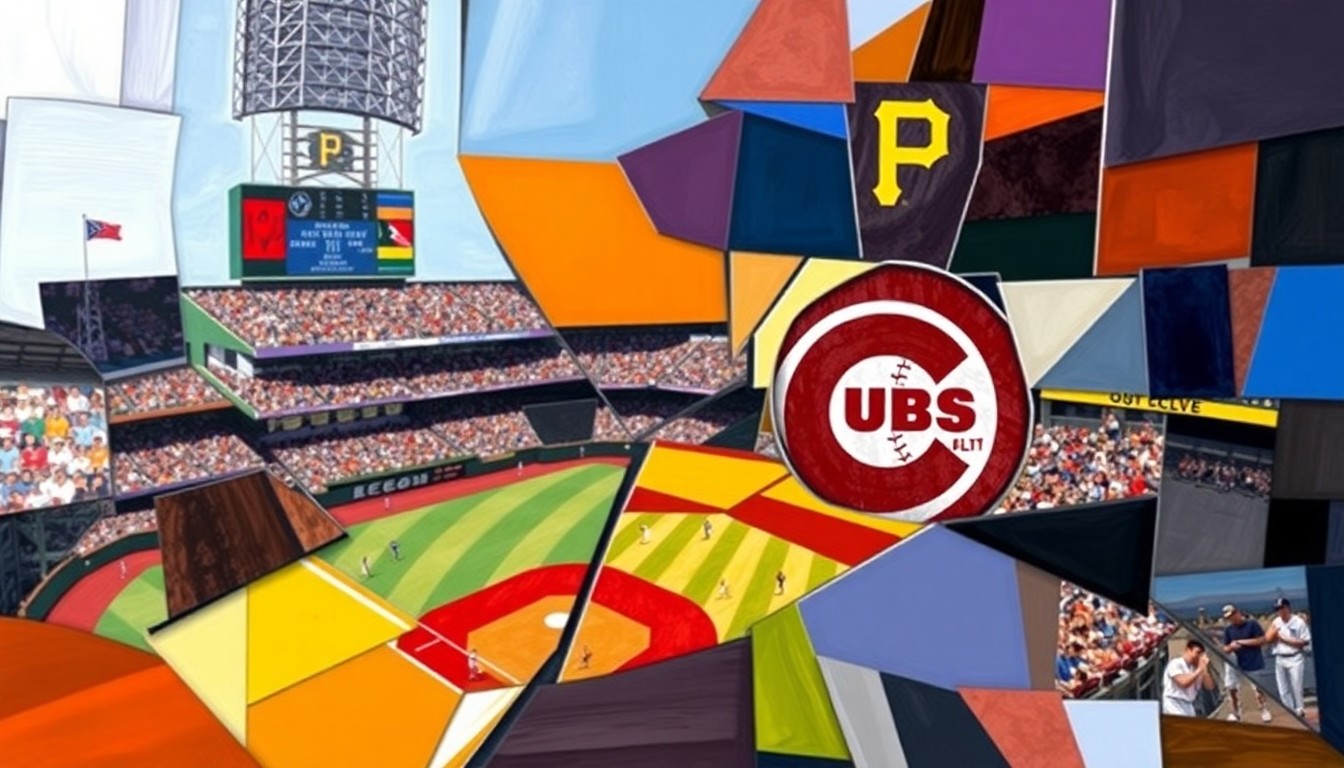 A fractured, multi-perspective painting in bold, geometric shapes and colors representing a baseball game or match between the Cubs and Pirates, capturing the dynamic energy and high stakes of the matchup between veteran Kingery and rising star Griffin.