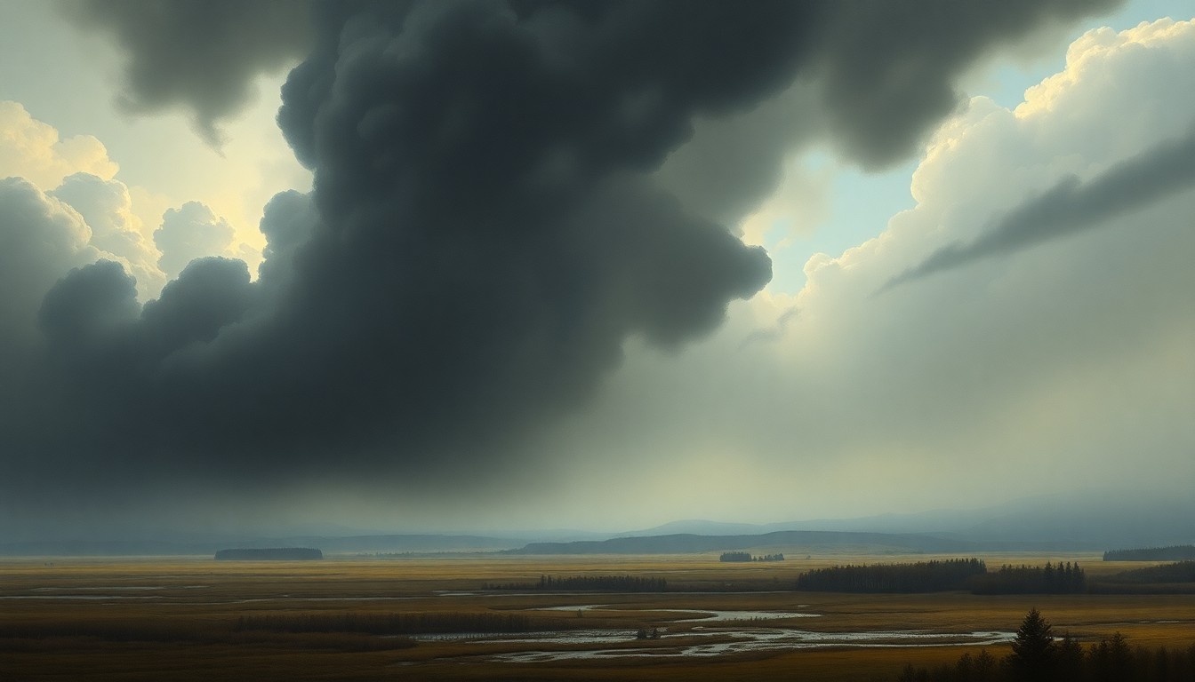 A vast, atmospheric landscape painting in muted earth tones, with a massive column of dark smoke rising up from the horizon and obscuring the sky, conveying the overwhelming power of nature and the fragility of the human presence within it.