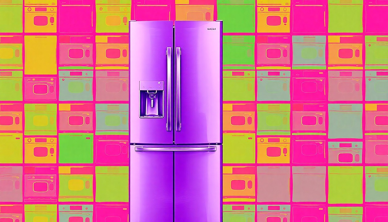 A bold, colorful silkscreen-style illustration featuring a repeated image of a stainless steel kitchen appliance, such as a refrigerator or oven, in a grid pattern with overlapping neon color blocks and heavy black outlines, conceptually representing the upscale finishes and amenities of a luxury condo.