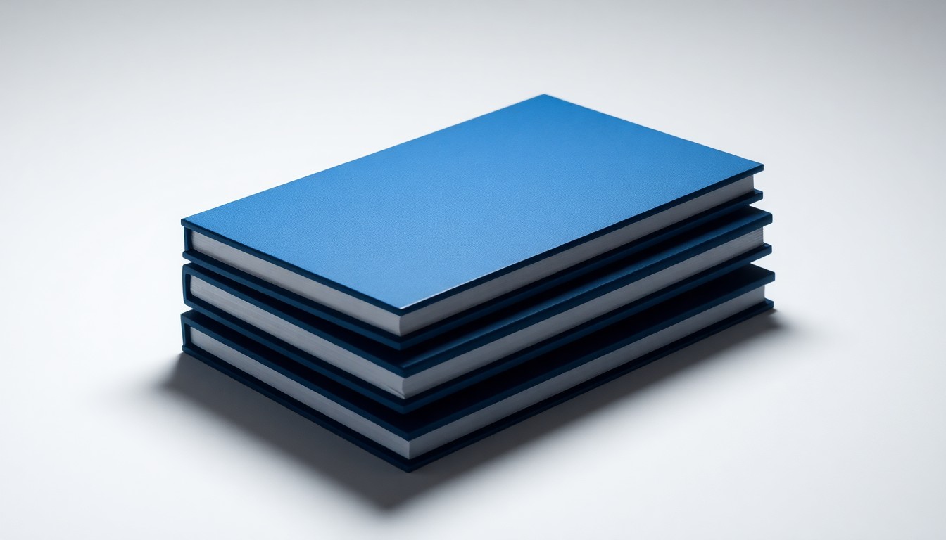 A high-end, photorealistic studio still-life photograph featuring a stack of hardcover books with a sleek, modern cover design in shades of blue and grey, conceptually representing the precision and craftsmanship of eBook conversion and book design services.