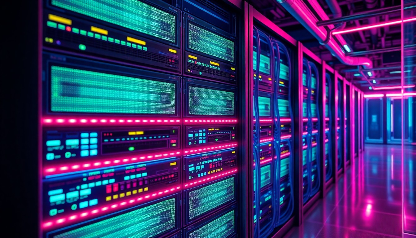 A highly detailed, glowing 3D illustration of a futuristic data center rack filled with illuminated server hardware and fiber optic cables, representing the hybrid cloud-edge infrastructure of the OpenDrives Edge product. The rack is bathed in a neon cyan and magenta color palette, conveying the advanced, high-tech nature of the solution.